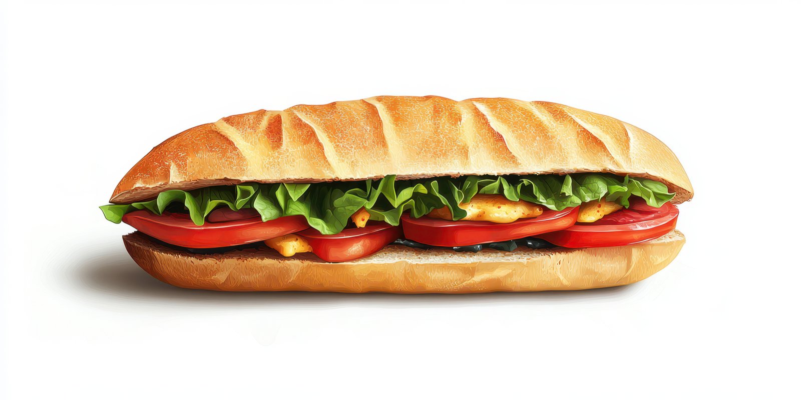 Delicious sandwich filled with fresh vegetables and savory chicken on a soft baguette